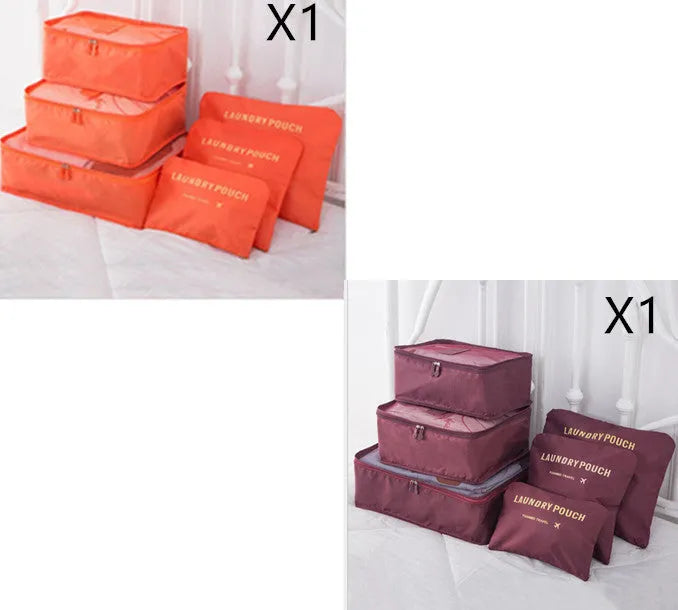 6 piece polyester travel storage bag set in hand bag type shape for clothes and cosmetic organisation, various colour options