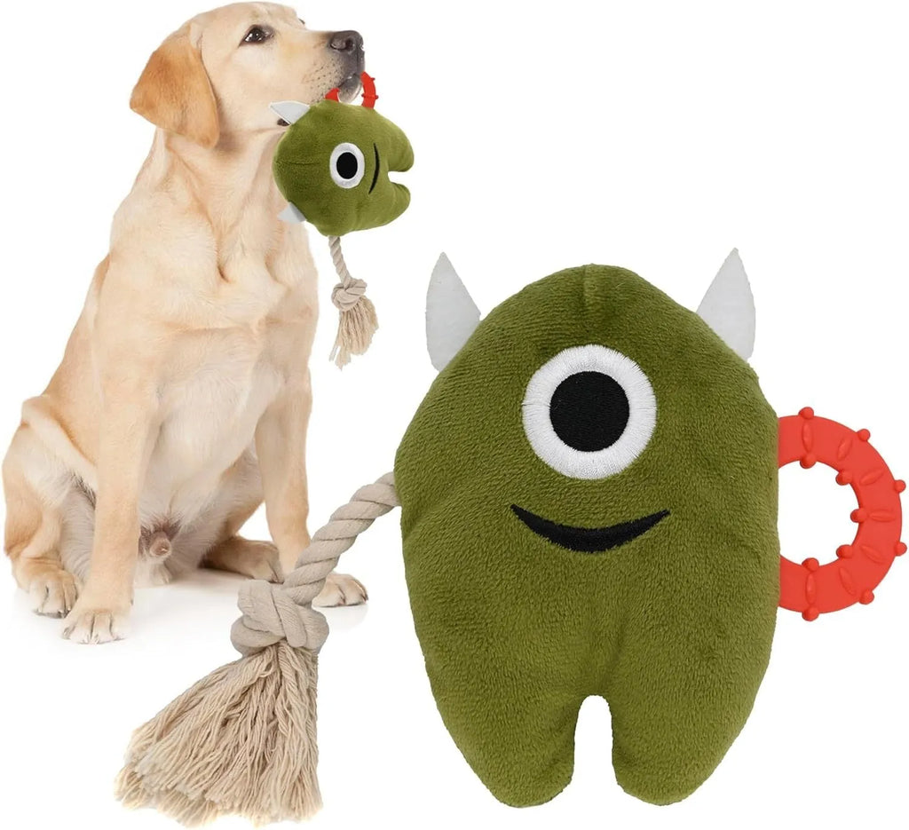 Blue and green plush dog toys with cotton rope segments and squeaker for chewing and tugging