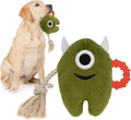 Blue and green plush dog toys with cotton rope segments and squeaker for chewing and tugging