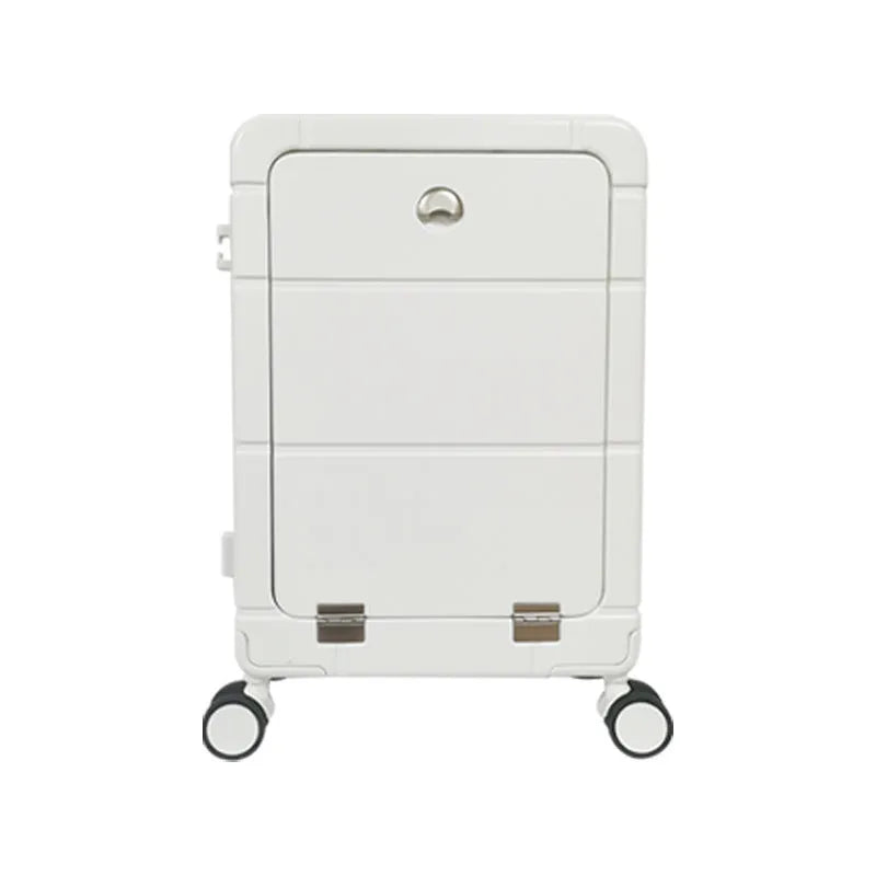 20-inch front opening hard-shell suitcase in silver showing interior dry wet separation compartments and a cup holder.