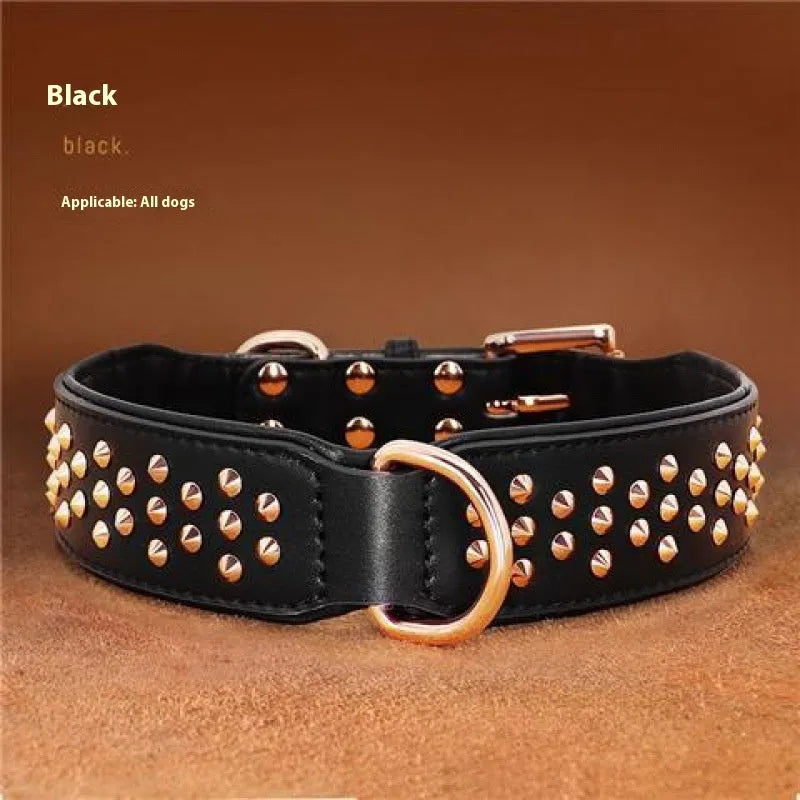 Leather dog collar with anti-bite rivets in black, chocolate, or pink colour options
