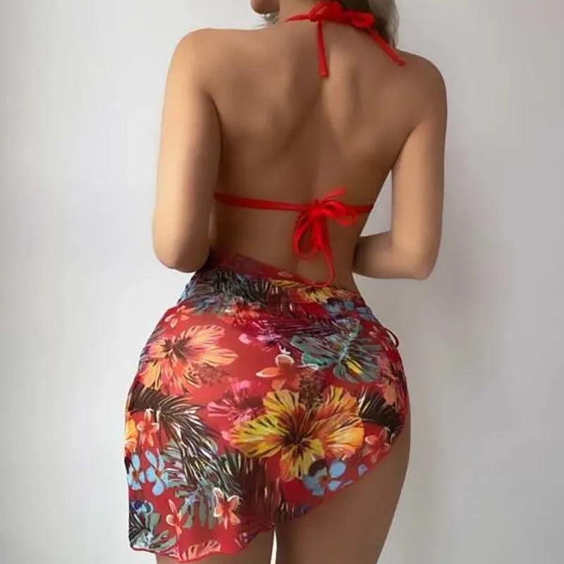 Women's three-piece polyester swimsuit set with chest pad, yarn skirt, in pink, red, black or orange, sizes S M L