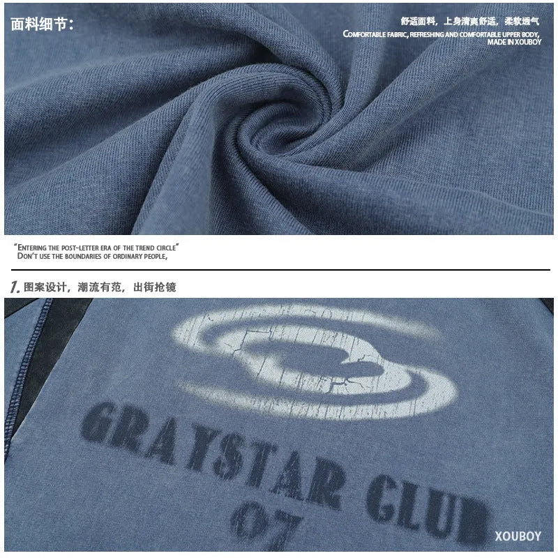 Men's blue hip hop letter print t-shirt with raglan sleeves on hanger