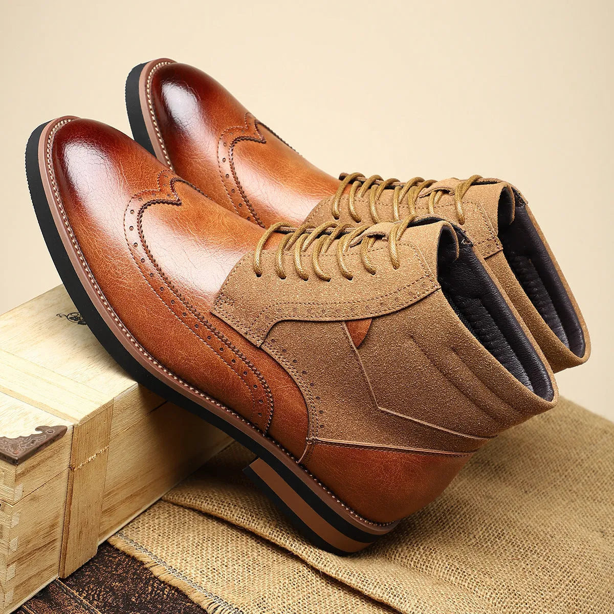 Men's retro Martin boots mid-calf carved slip-on block heel pointed toe artificial PU upper in Army Green colour
