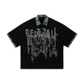Men's loose fit cotton top with asymmetric design and graffiti printing in blue or red