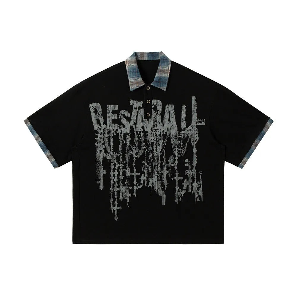 Men's loose fit cotton top with asymmetric design and graffiti printing in blue or red
