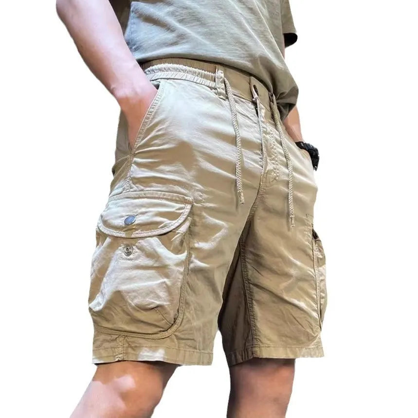 Korean style loose straight overalls pants with multiple pockets in micro-elastic polyester fabric