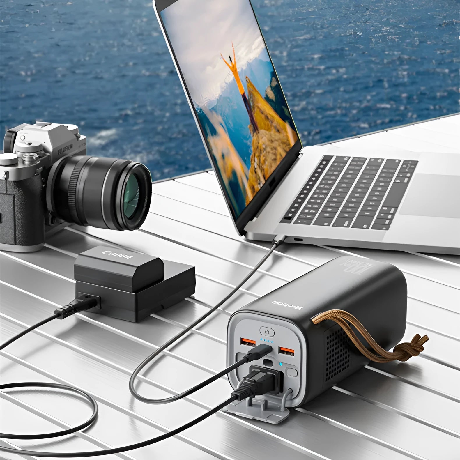 Black portable power bank with 220V AC output and solar charging panel, dimensions 70x70x162mm.