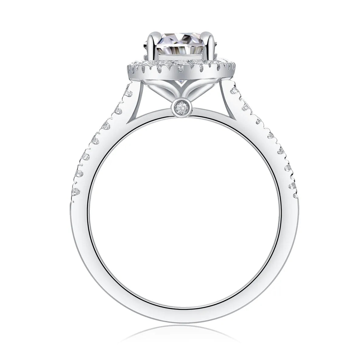 Egg-shaped 7x9mm moissanite wedding ring in S925 silver with platinum plating on white background