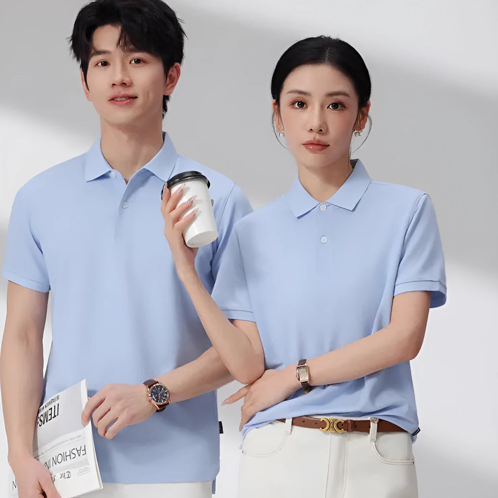 Regular fit cotton Ice Silk short sleeve polo shirt in solid colour with asymmetric detailing for light business wear