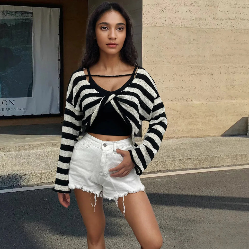 Women's striped long sleeve sweater in mercerised cotton with front and back wearable design