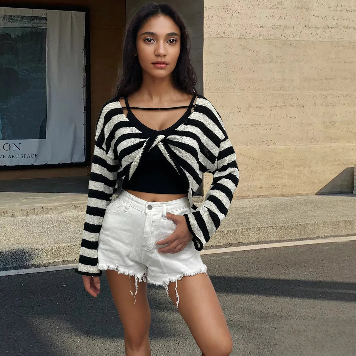 Women's striped long sleeve sweater in mercerised cotton with front and back wearable design