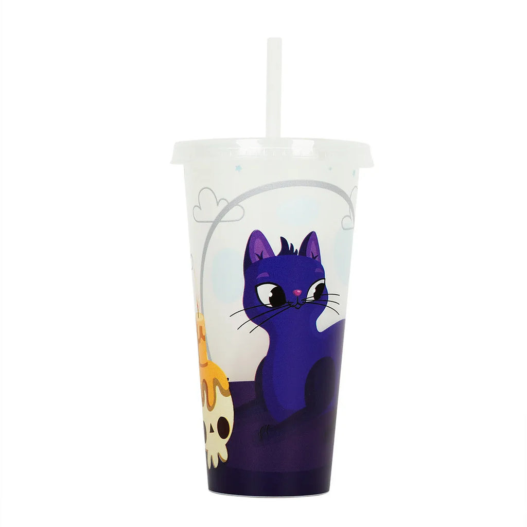 A luminous Halloween-themed plastic sippy cup with a straw, showing its 720ml cylindrical shape.