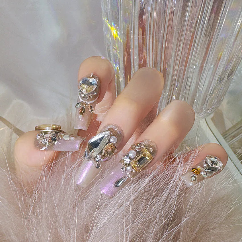 S Number false nail patches with luxury rhinestone decoration and phototherapy sealing layer
