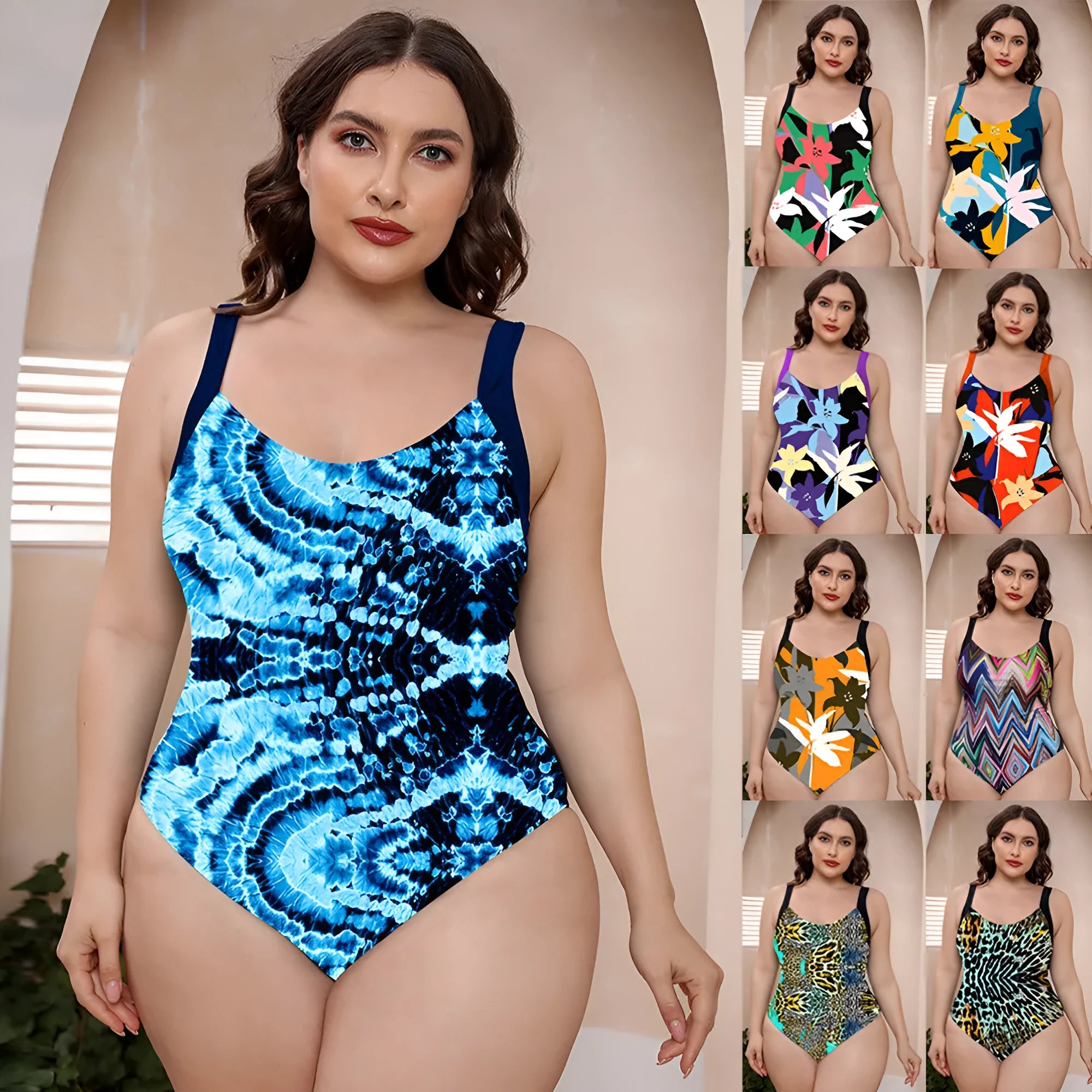Conservative one-piece swimsuit with spaghetti straps and floral print pattern for swimming