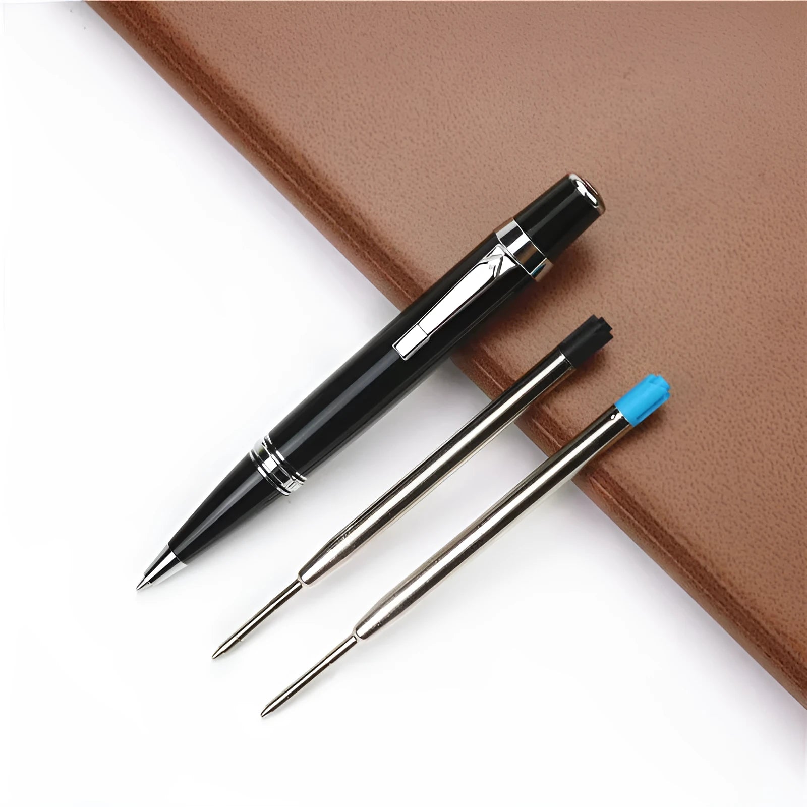 Full metal black portable rollerball pen with 0.7mm refill and two extra refills