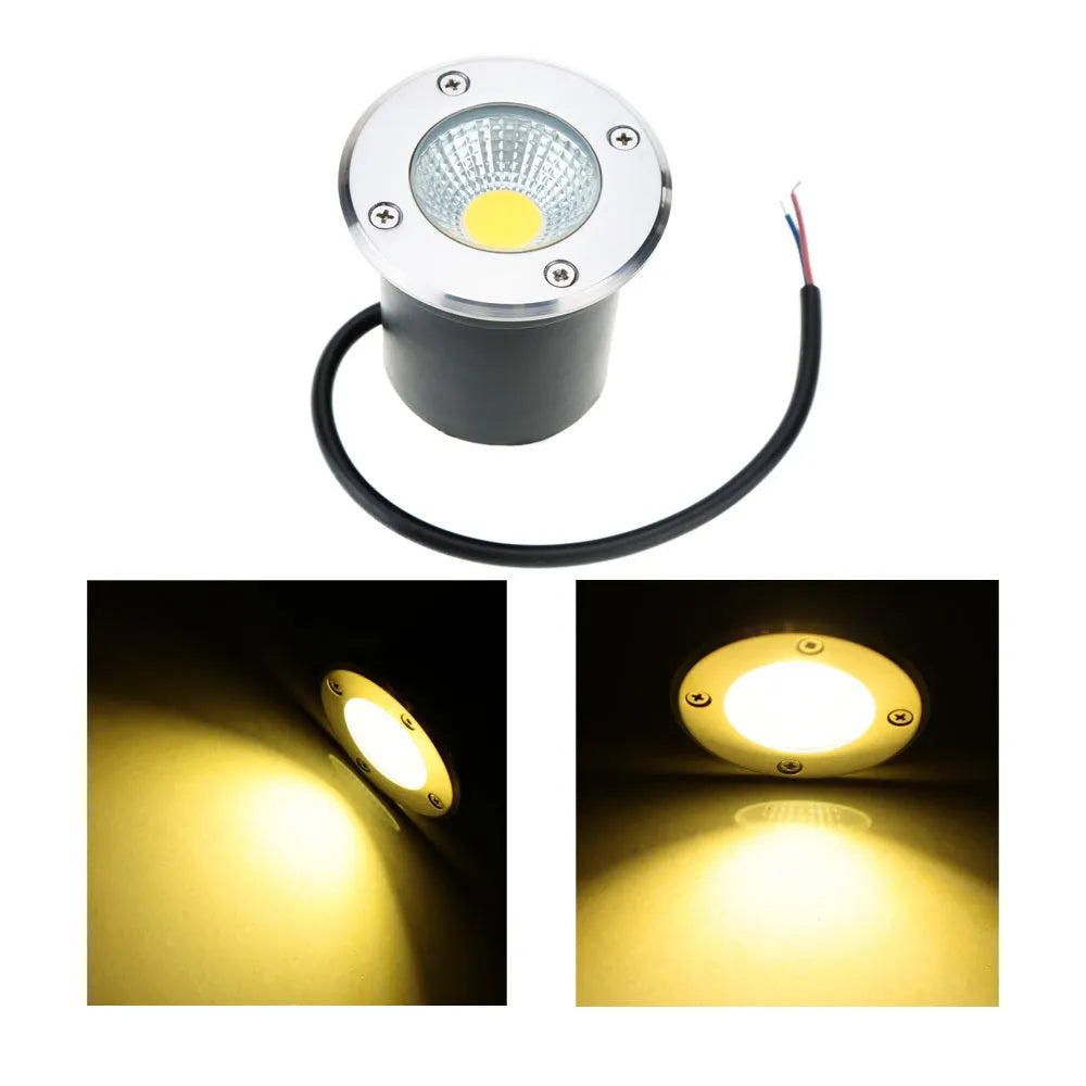Black LED COB underground light fixture with stainless steel cover and tempered glass lens for outdoor installation