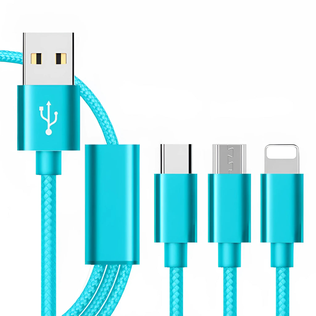 Three-in-one mobile phone charging cable in multiple colours showing 1.2 metre length