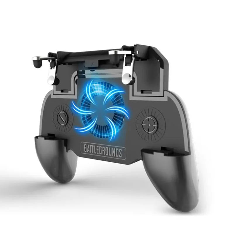Black mobile game controller with USB connector, grip texture, and action buttons on a smartphone.