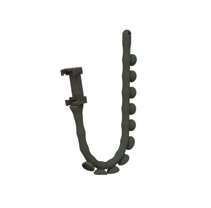 Black flexible rubber phone holder with suction cup base bent into an L-shape