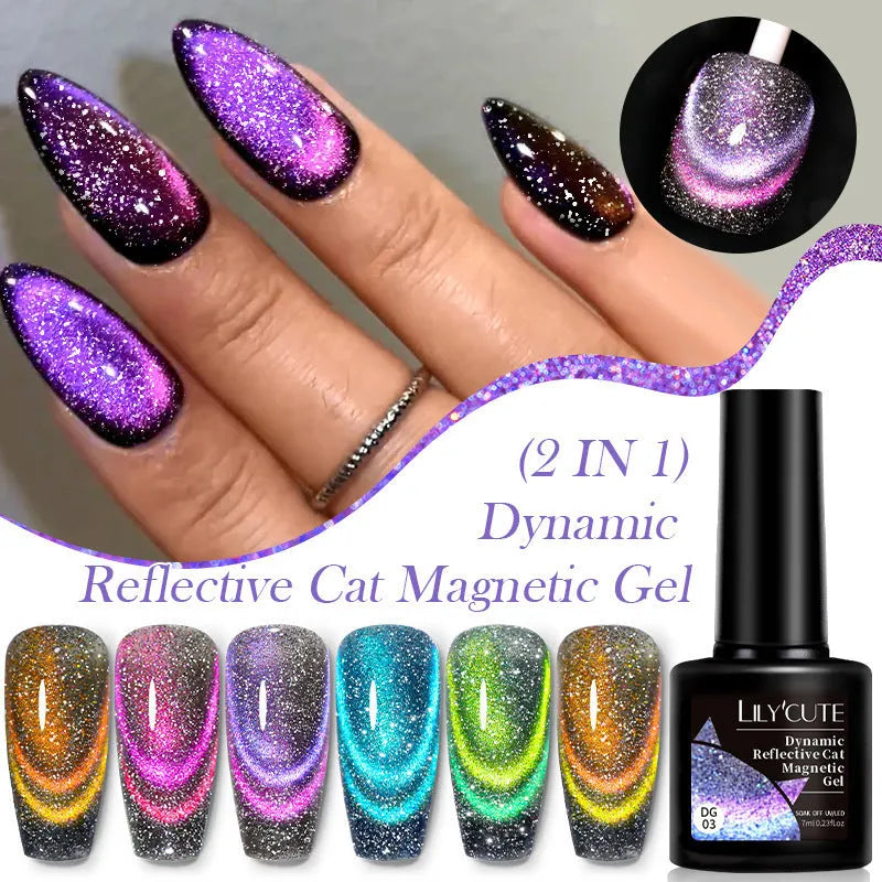 Cat eye nail polish gel bottles showing six colour options with diamond glitter fragments