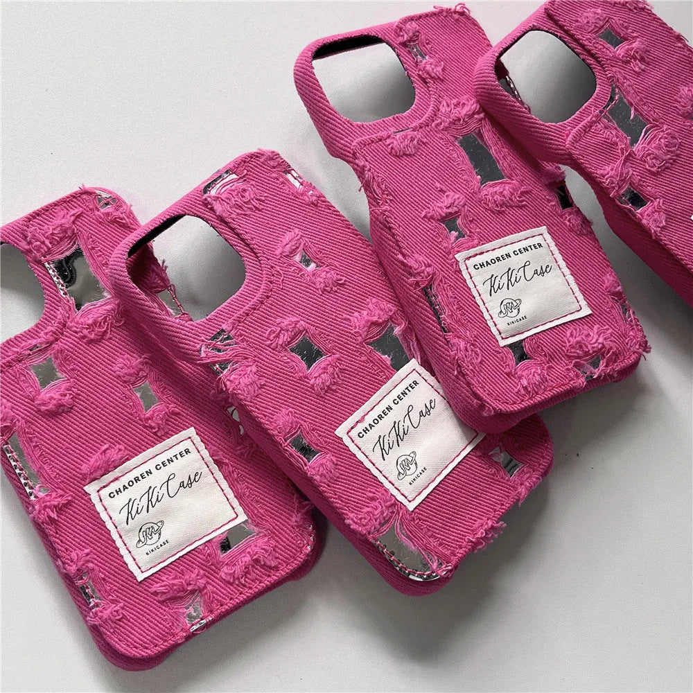 TPU mirror hole denim phone case for iPhone 12-15 series with rhinestone elements in rose red