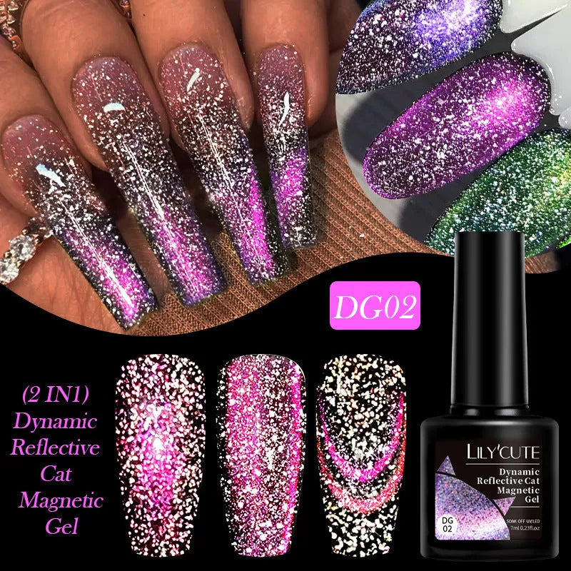 Cat eye nail polish gel bottles showing six colour options with diamond glitter fragments