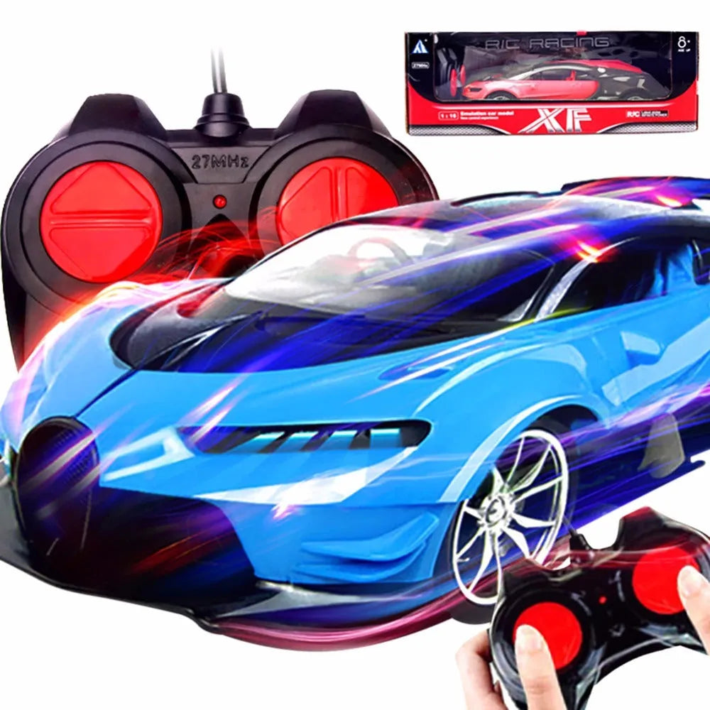 1:16 scale blue remote control racing car with LED lights and airflow line body on a surface