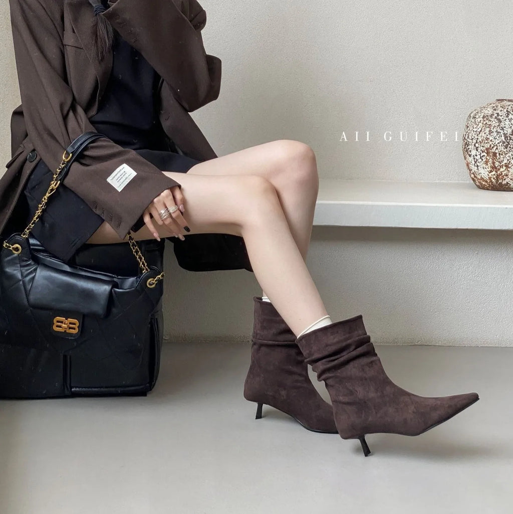 Women's pointed toe low heel stiletto mid-calf boots in khaki with slip-on style and fringe detail