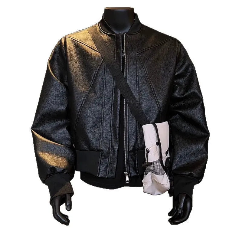 Men's black and brown PU litchi leather jacket with extended 100cm length and tight business fit