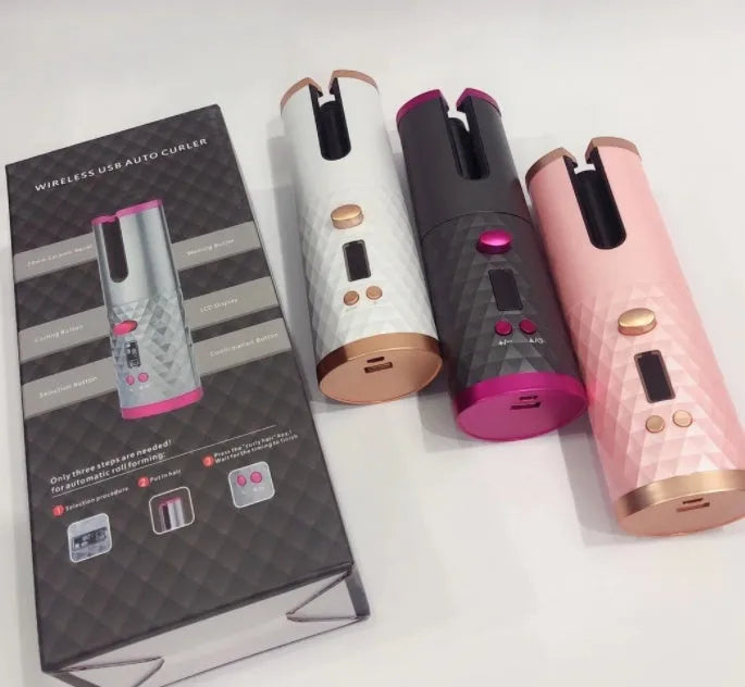 White portable wireless USB charging mini curling iron with gold ceramic barrel and temperature control buttons