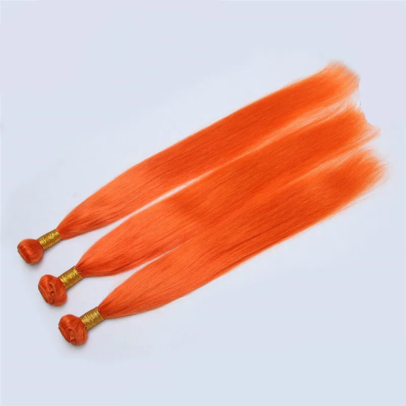 Orange red 100% human hair curtain with ST curvature texture on a display stand