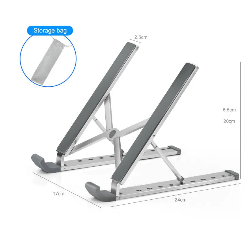 Adjustable folding laptop stand in silver, open on desk with laptop, showing hollow bottom and non-slip silicone pads