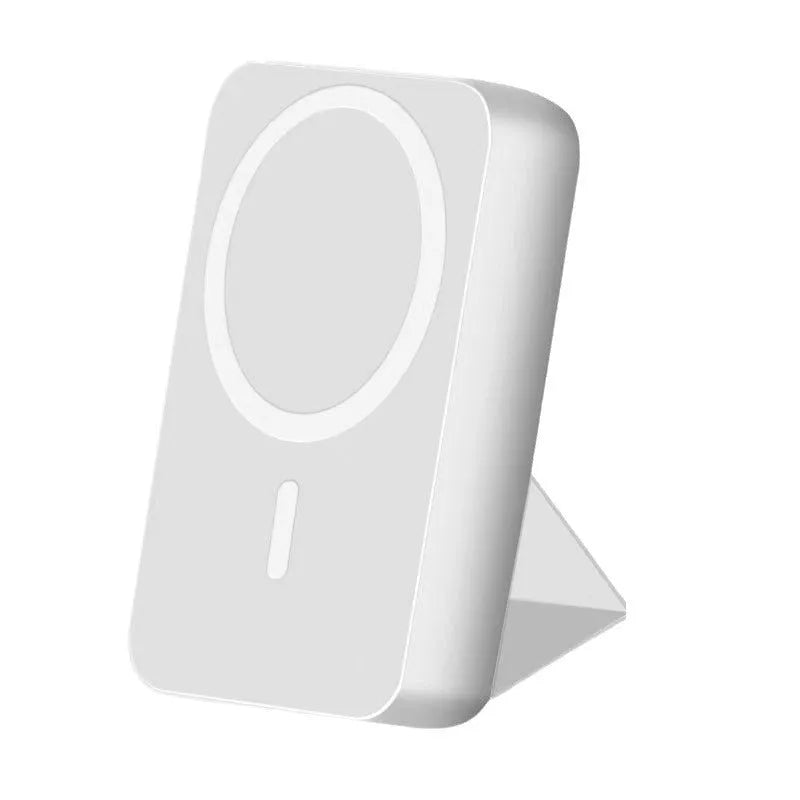 Folding bracket magnetic suction power bank in white with 10000mAh capacity and compact plastic shell