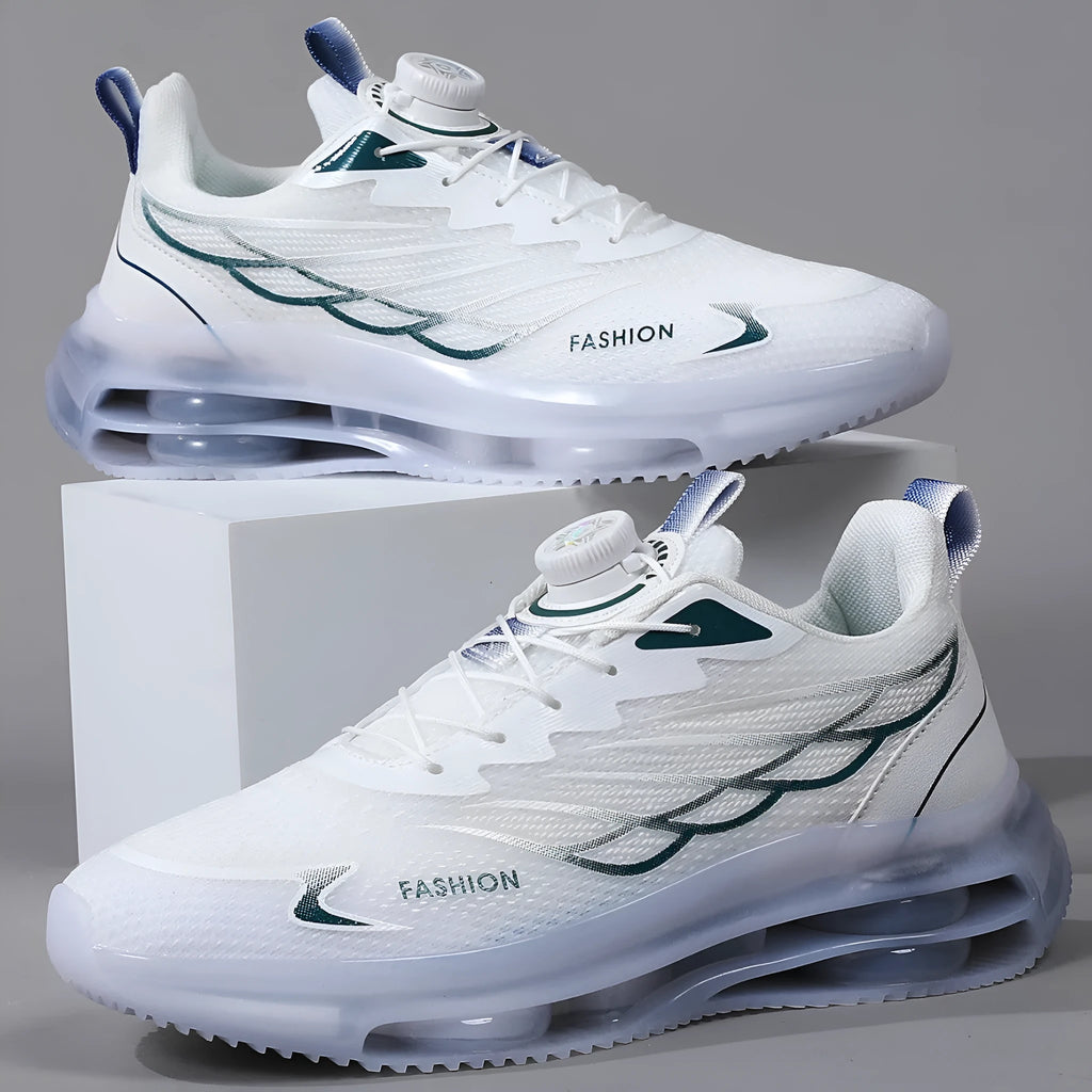 White low-top Korean style casual sports shoes with rotating button and lace-up closure on a rubber sole.