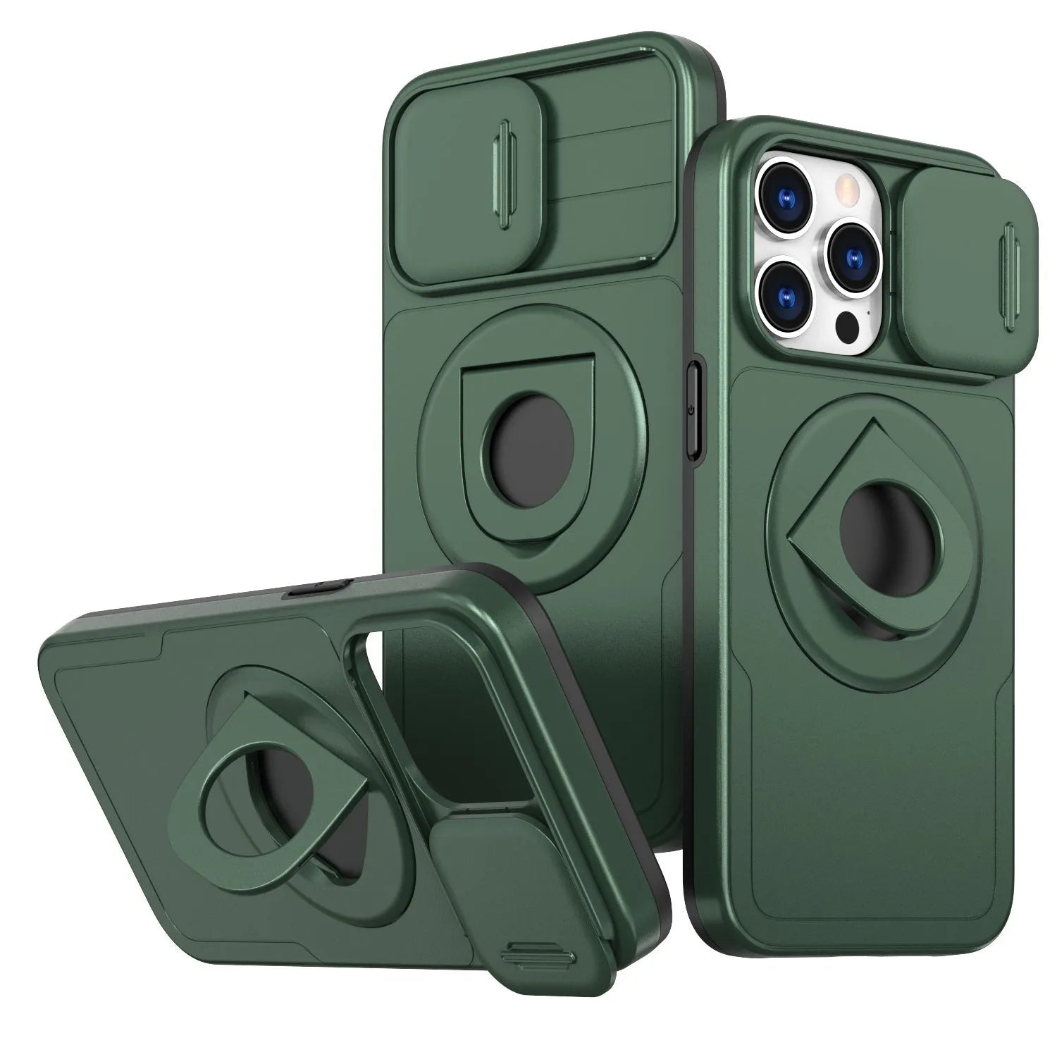 Phone case with sliding window magnetic ring and rotating bracket for Apple iPhone, shockproof PC TPU, black colour