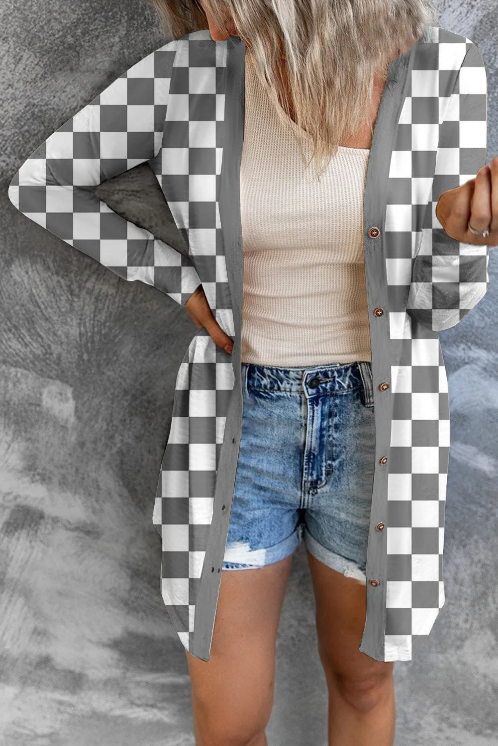 Women's long plaid knitted cardigan coat in polyester available in multiple colours and sizes