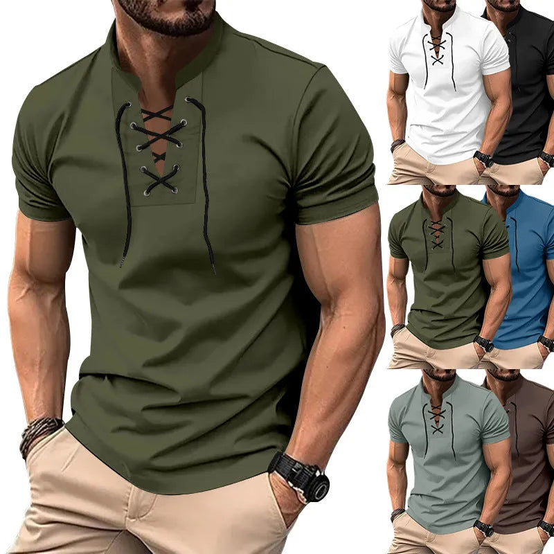 Men's V-neck V-tie casual summer top in solid colour, short sleeve, loose fit, polyester