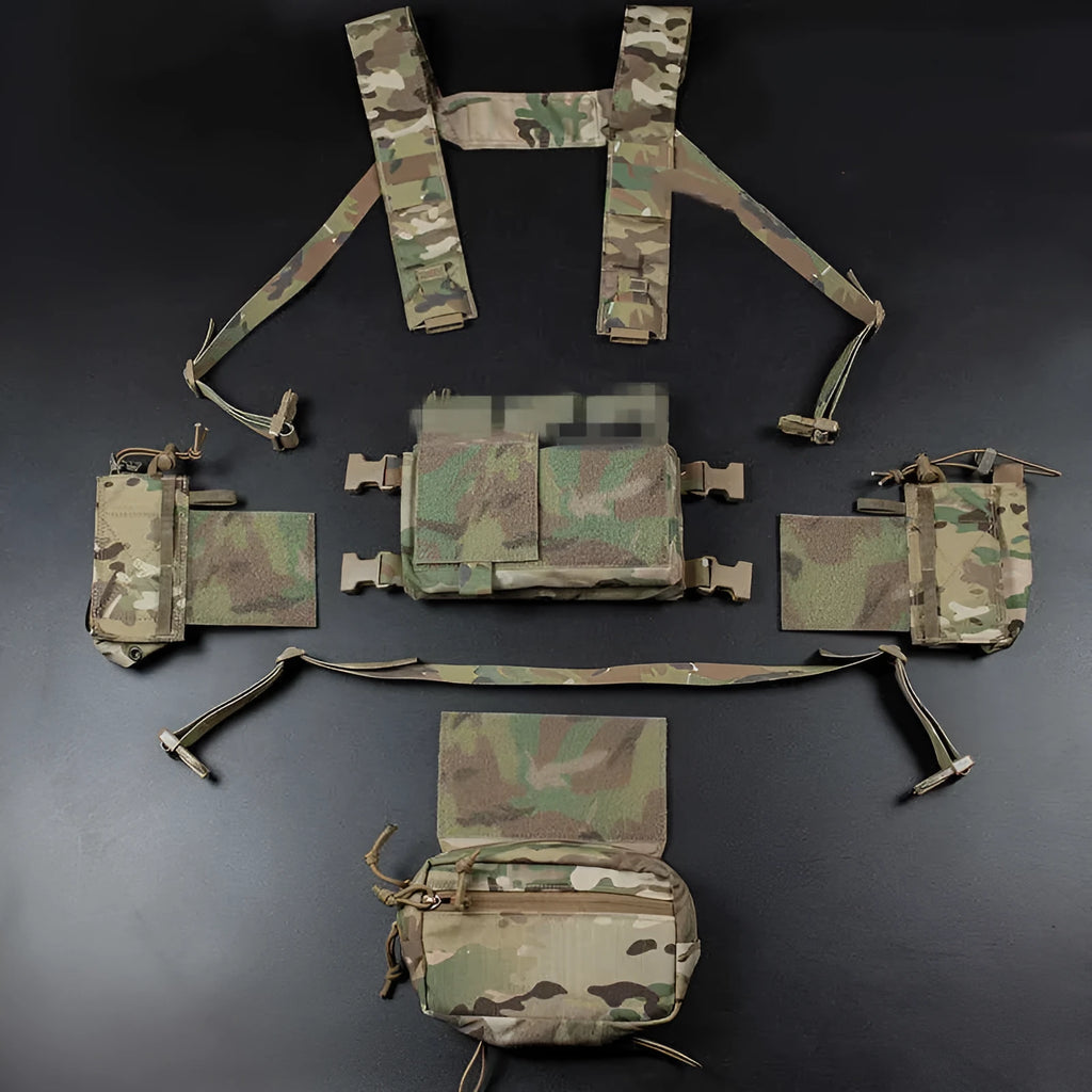 Multifunctional expandable breathable chest mount vest in Cordura fabric, unisex one size fits all, side view with gear pouches