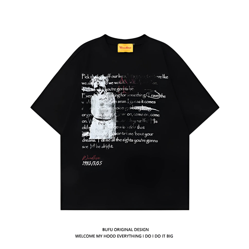 Men's black pure cotton T-shirt with printed white letter graphic and raglan sleeves
