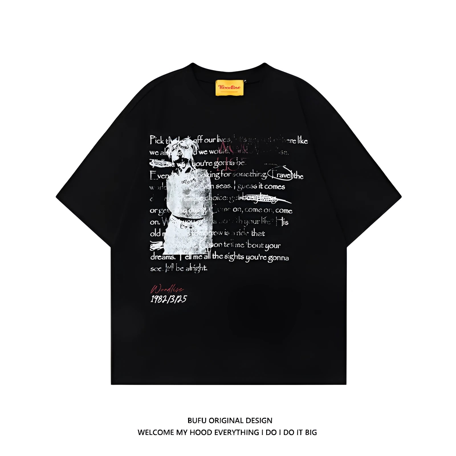 Men's black pure cotton T-shirt with printed white letter graphic and raglan sleeves