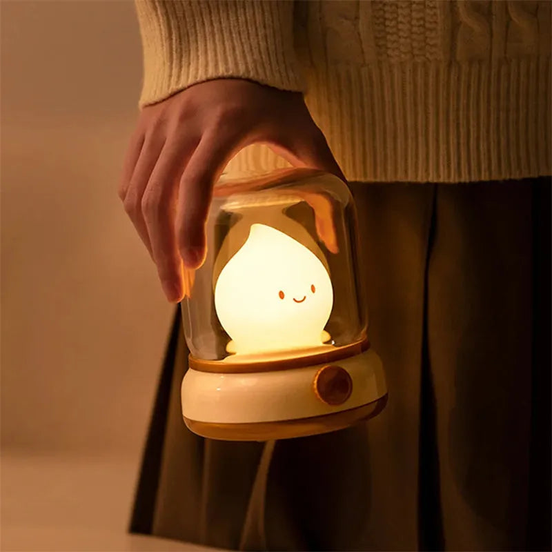 Retro small USB rechargeable night lamp with adjustable warm light on bedside table, compact 100x108x124mm size