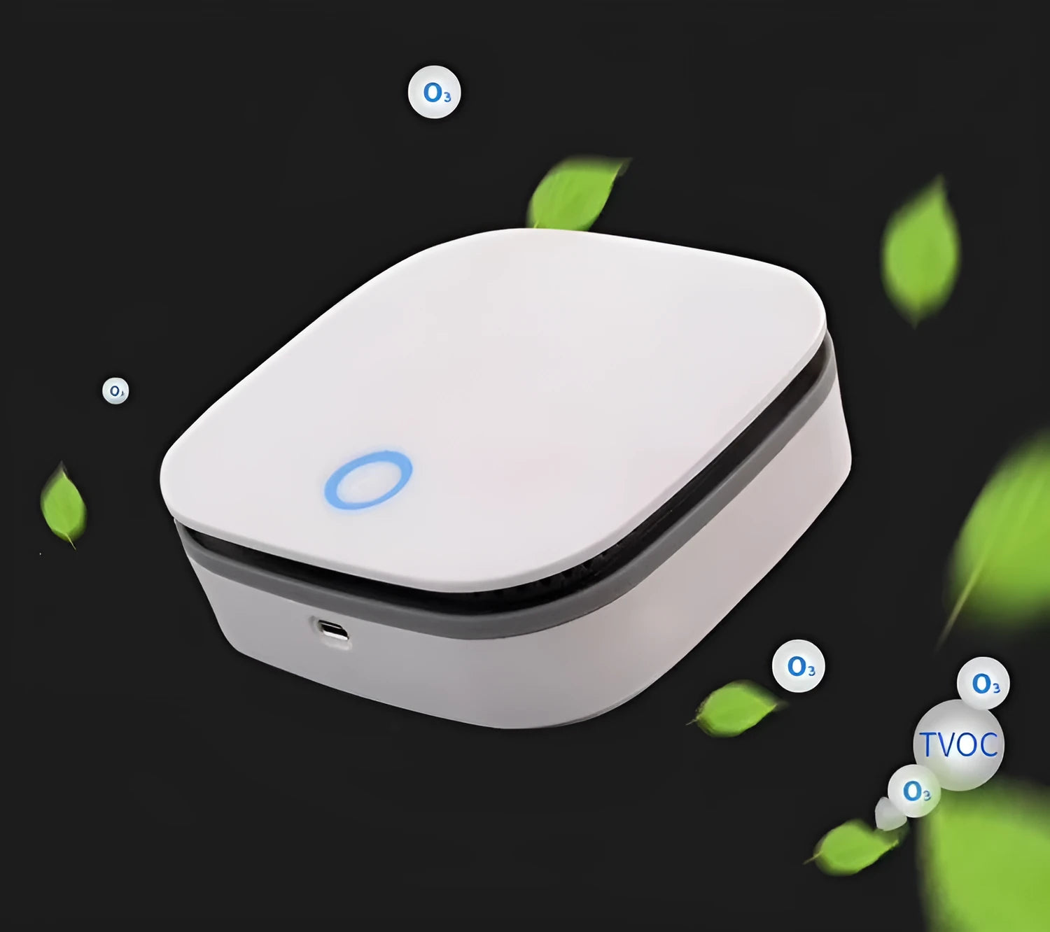 White USB-powered air purifier for cars and small rooms with ozone negative ion sterilisation.