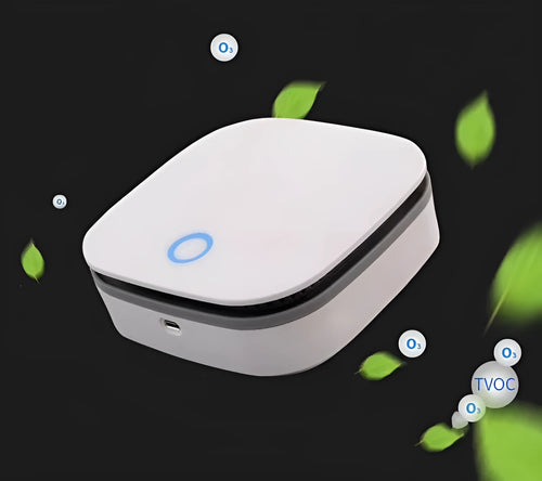 White USB-powered air purifier for cars and small rooms with ozone negative ion sterilisation.