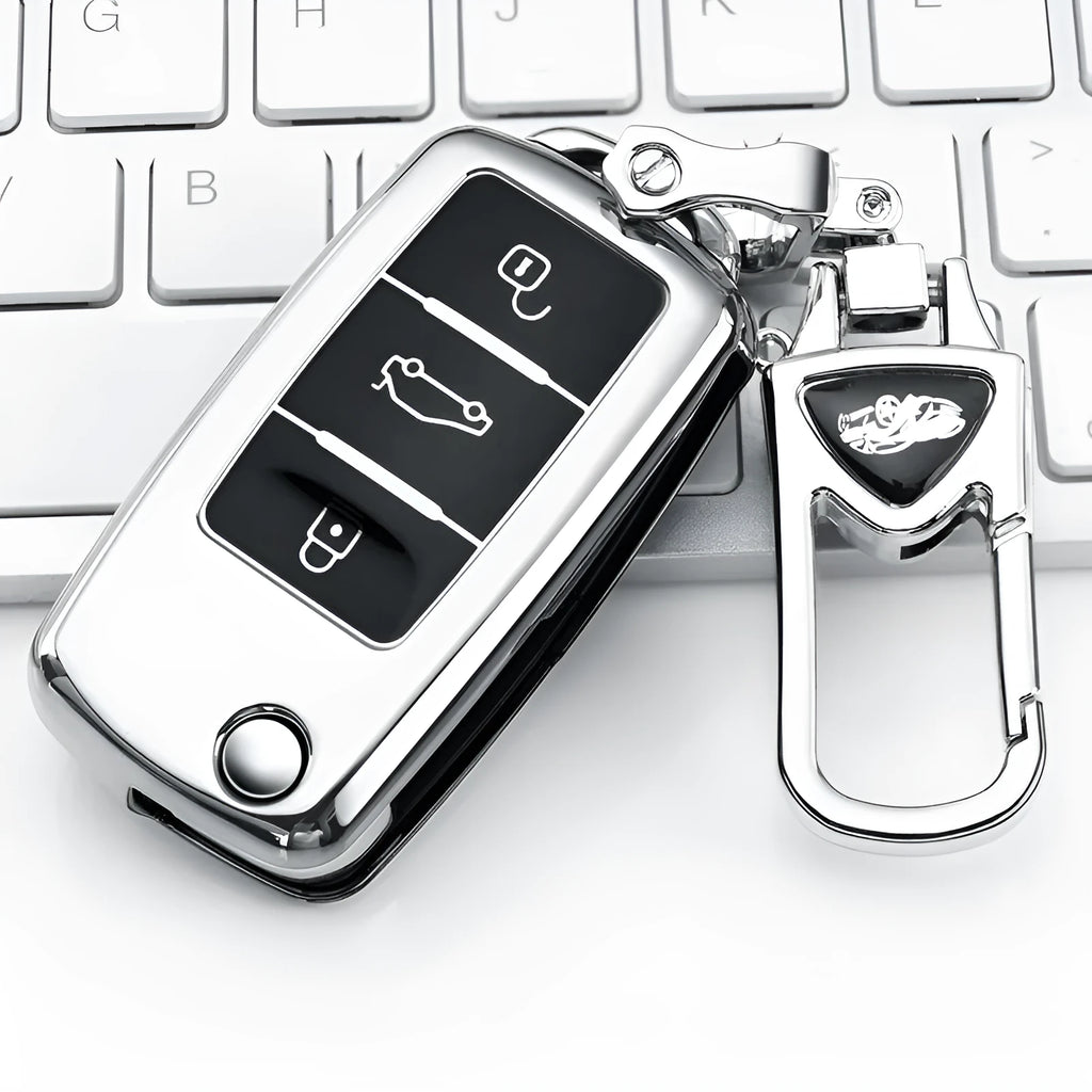 TPU protective car key case with buckle for VW Model A folding remote in blue, pink, red, and silver colours.