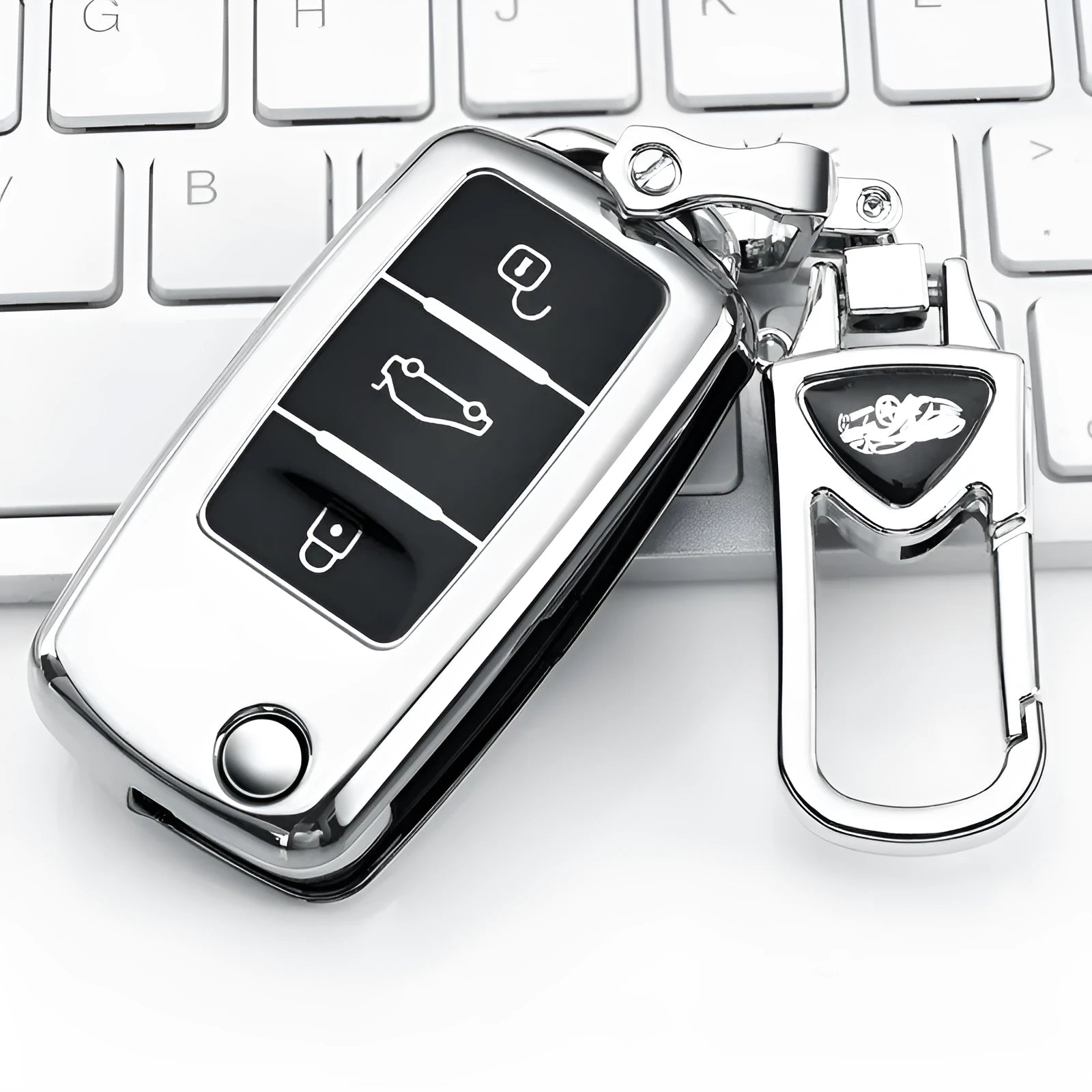 TPU protective car key case with buckle for VW Model A folding remote in blue, pink, red, and silver colours.
