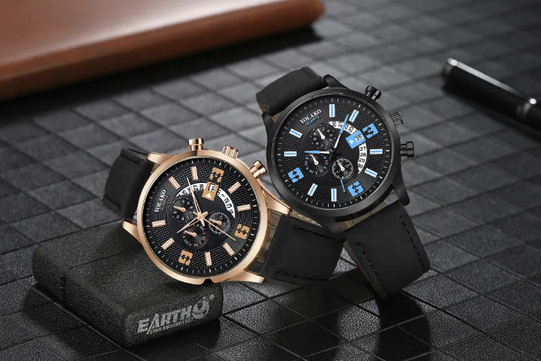 Fashion big digital calendar men's watch with leather strap and round alloy case