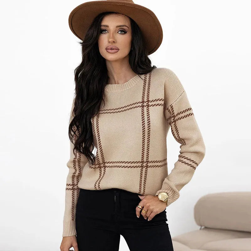 Women's loose fit plaid sweater with colour-block stripes in apricot, black, beige, red, and green.