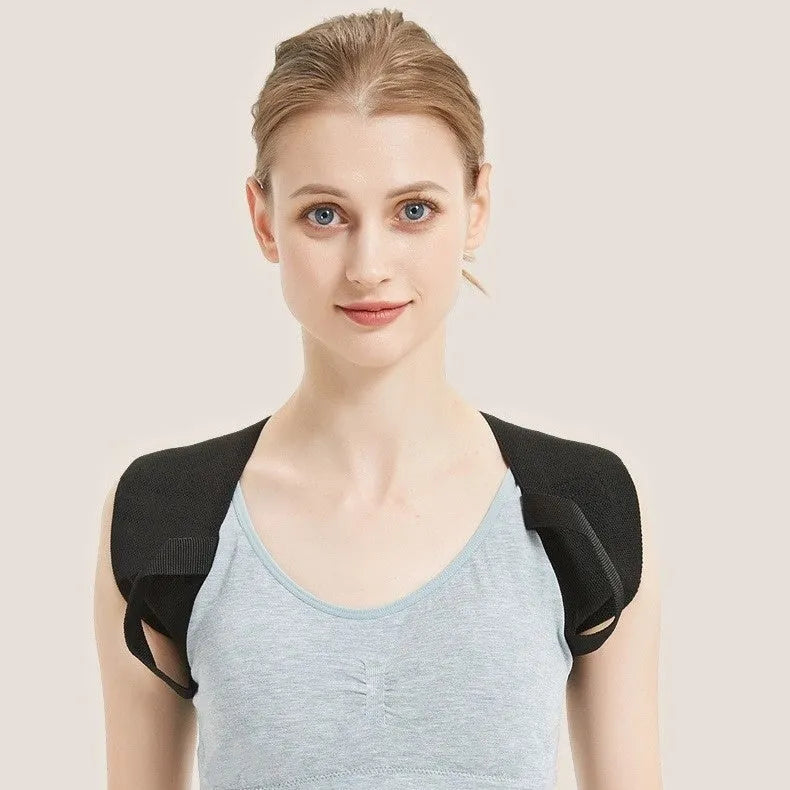 Adult posture corrector brace made of linen woven fabric in black, open shoulder design, available in sizes XS to XXL for men and women