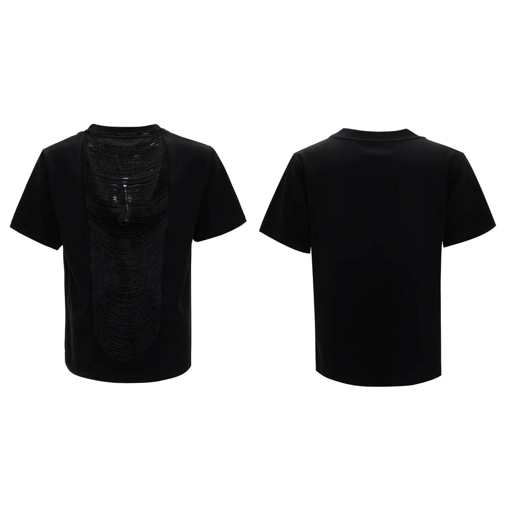 Black loose fit men's V-neck polyester T-shirt with short sleeves and tassel detailing